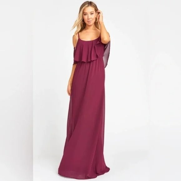 Show Me Your Mumu Caitlin Ruffle Maxi Dress in Merlot Chiffon Size S NWT - Picture 3 of 7